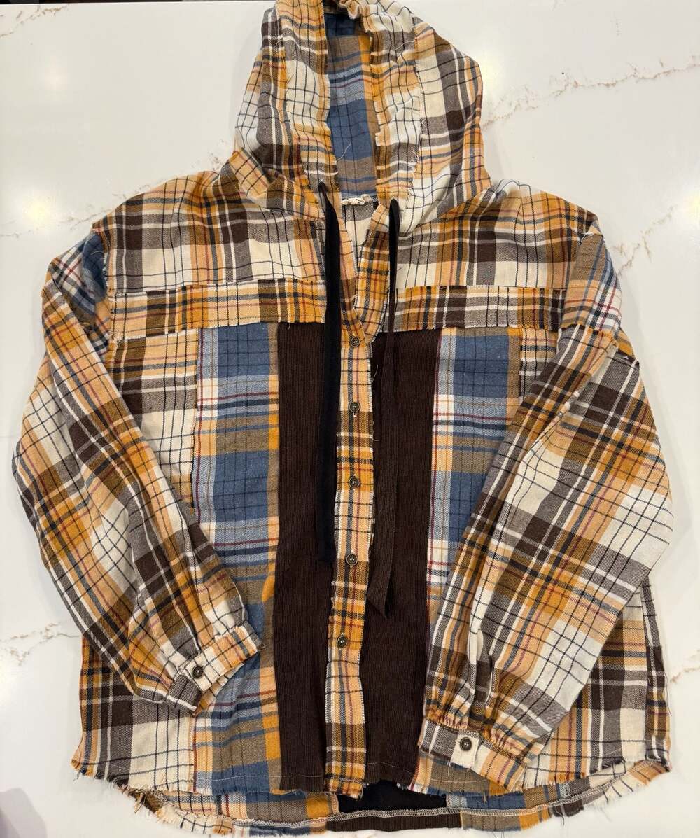POL Patchwork Plaid Hooded Button Down Shirt Shacket Size S